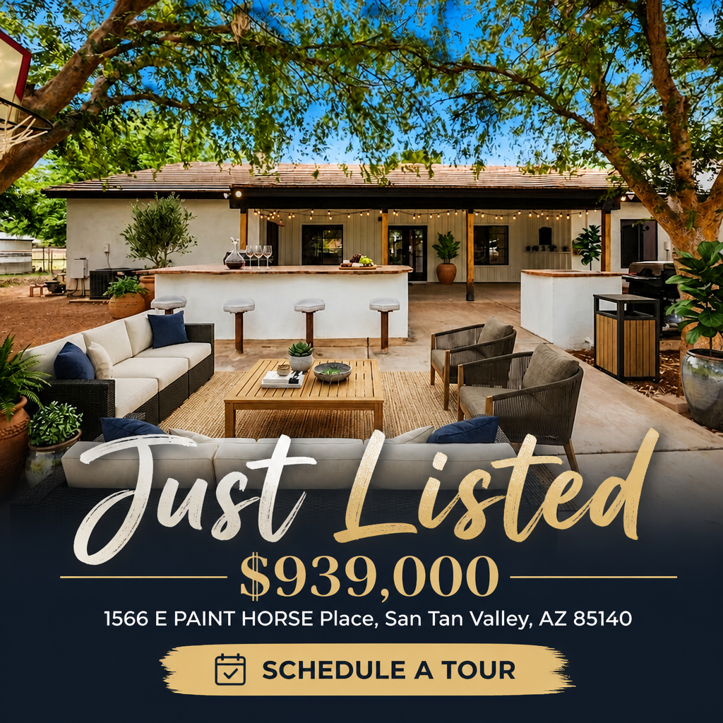 Just Listed ad: San Tan Valley backyard listing at $939,000 with Schedule a Tour button