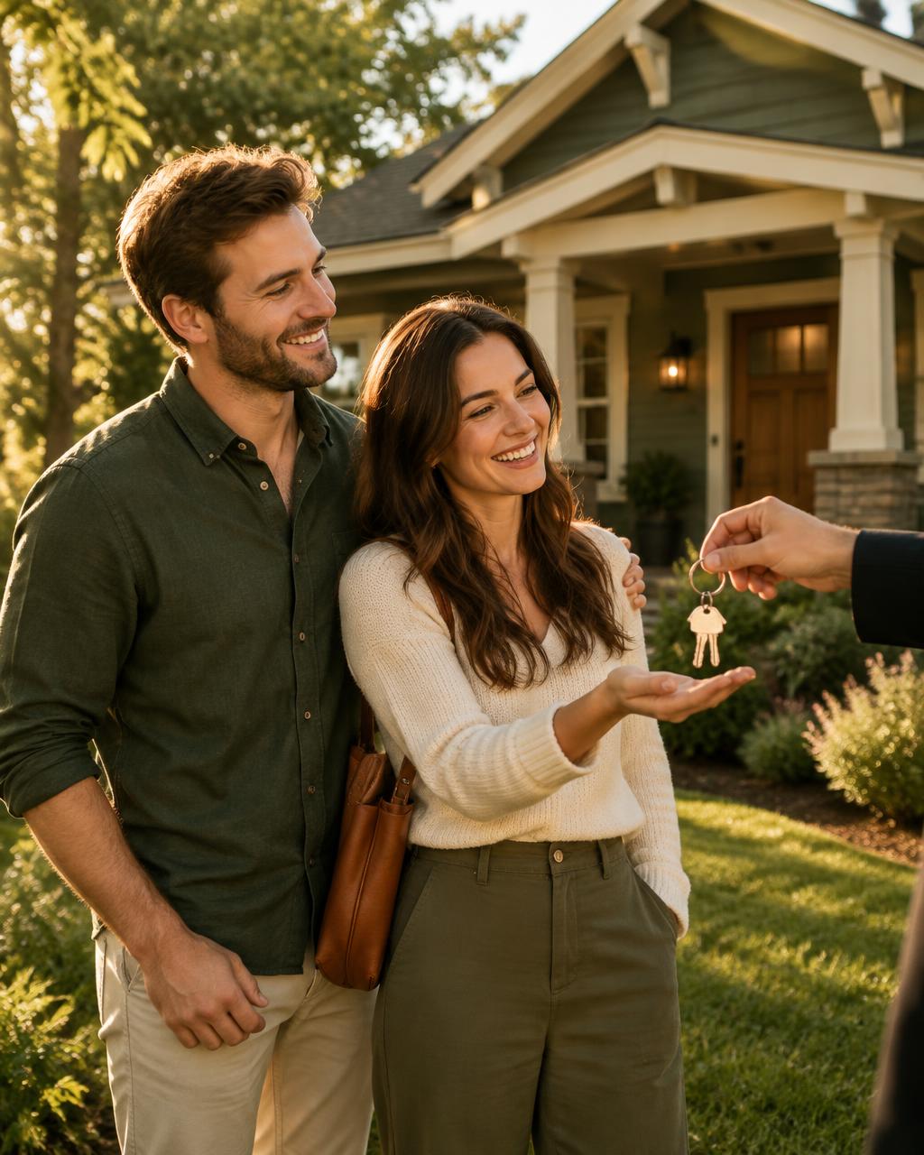 A couple receiving the keys to their new home from their agent